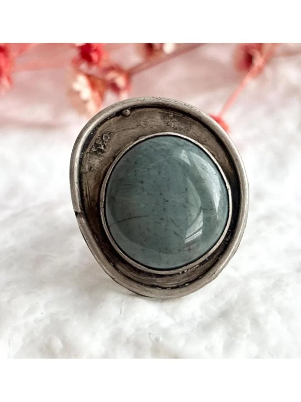 Modernist Freeform Green Agate Gemstone 800 Silver Vintage Ring - sz 9.25